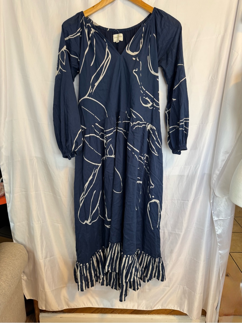 Khara Kapas Blueberry Maxi Dress with Striped Ruffle Hem Size Small Oversized - Picture 3 of 6